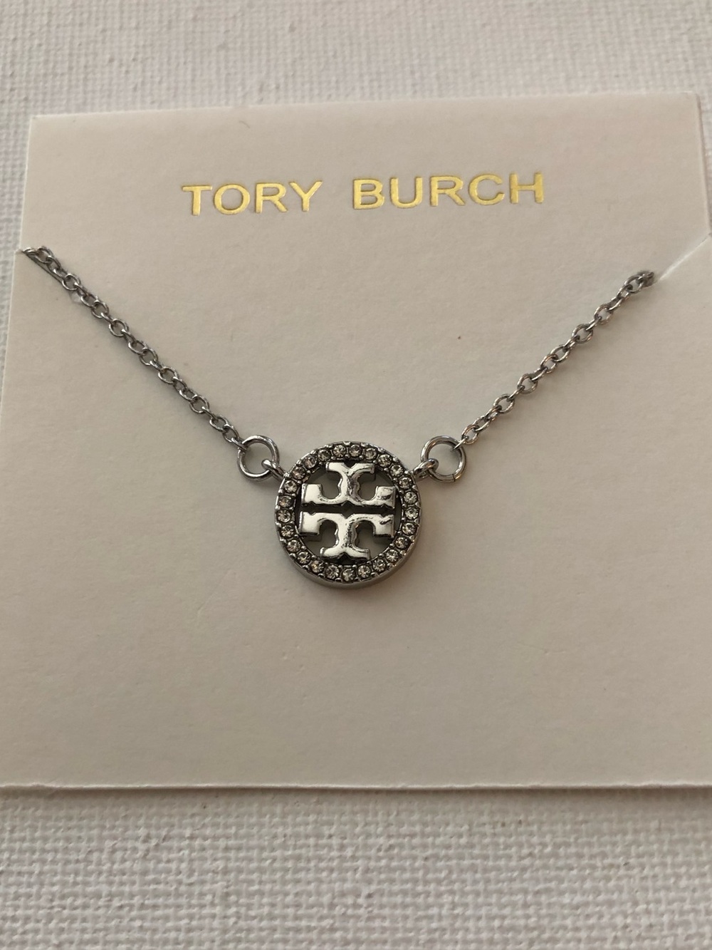 Tory Burch Silver Logo Crystal Circle Necklace